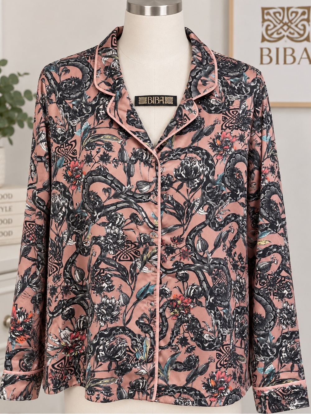 Biba Pink Floral & Snake Print Satin Pajama Sleepwear Top Button Front Size L